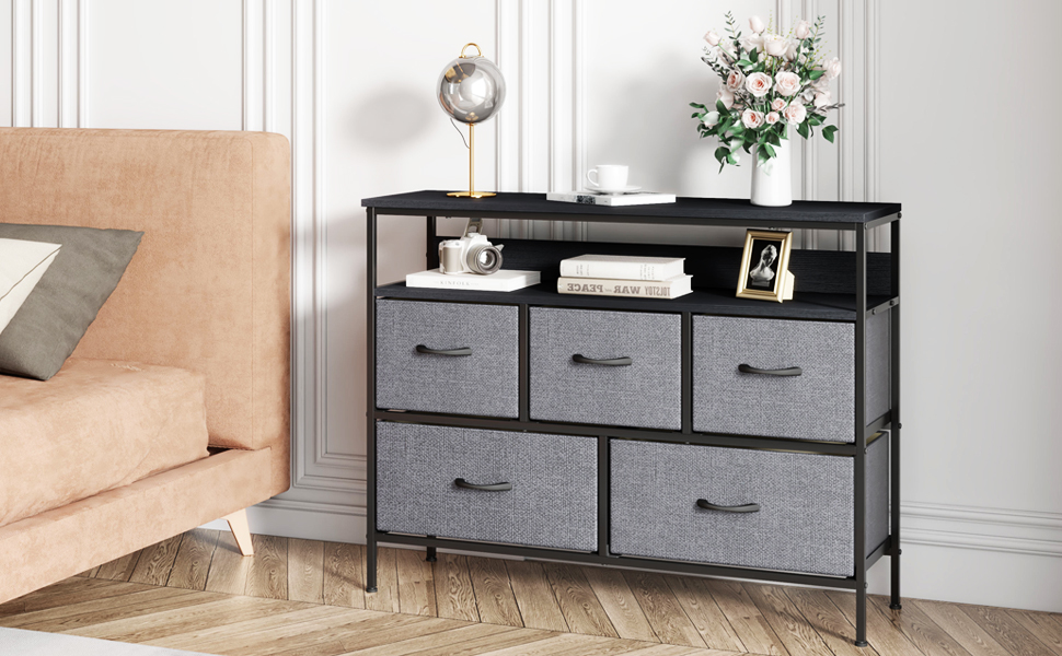 KU Syang Dresser TV Stand, Chest of Drawers, Entertainment Center with Fabric Drawers, Console