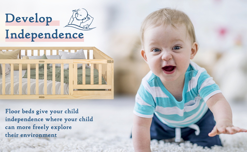 Tatub Queen Floor Bed with Safety Guardrails and Door