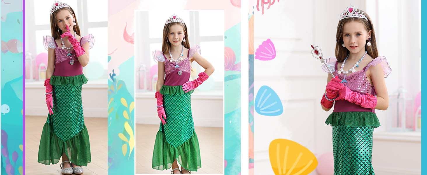Girls Little Mermaid Costume Princess Dress Up Ariel Outfits