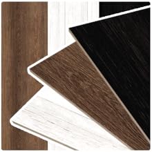 Three wooden panels in natural, dark brown, and white, stacked diagonally with visible grain.