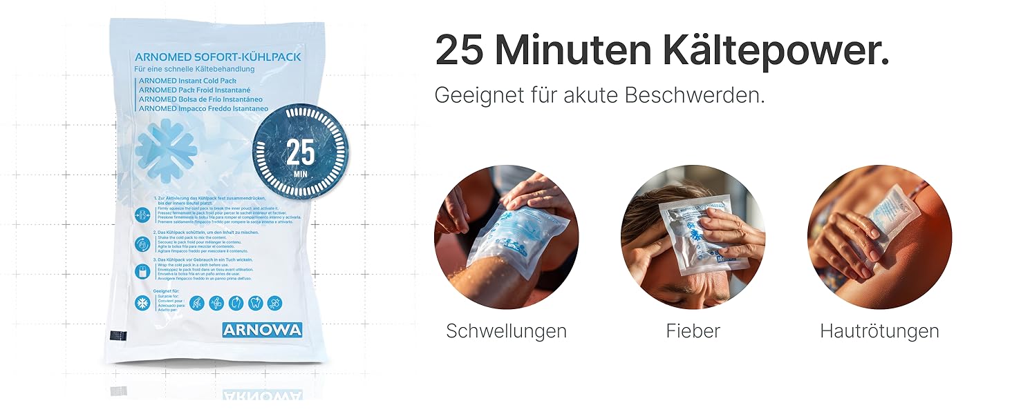 Der Text lautet „25 Minuten Kältepower“. Produktdemonstration mit Anwendungsschritten mit kreisförmigen Symbolen und blau getönten Bildern mit Anwendungshinweisen.