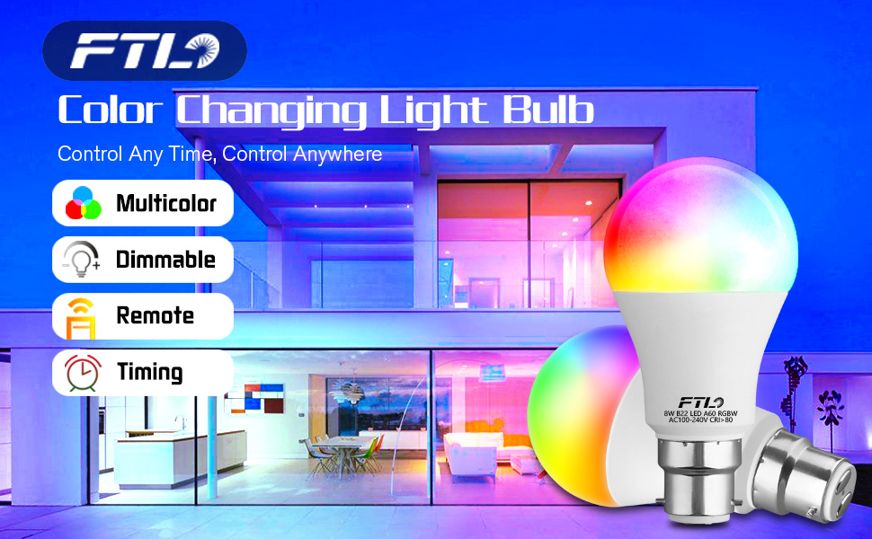 FTL Colour Changing Light Bulb with Remote Control, B22 8W LED
