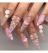 IMRAIN Press on Nails Long Coffin Fake Nails Pink French Tips Glossy Glue on Nails Full Cover Cut...
