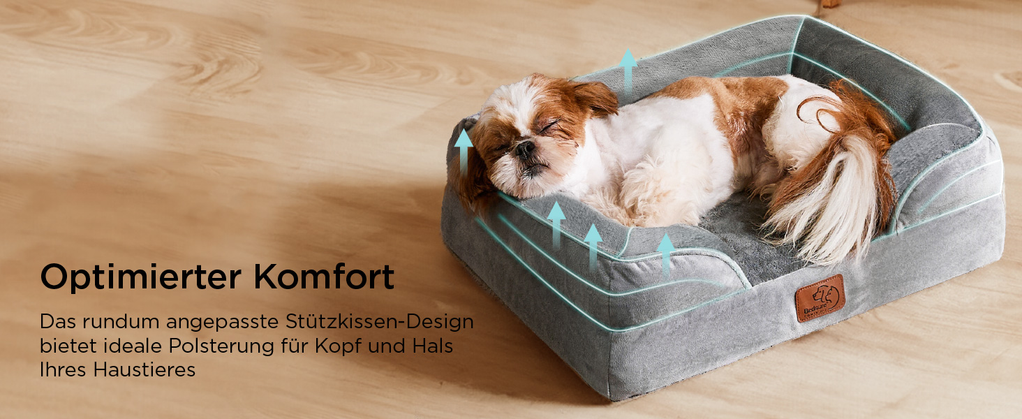 Kleiner Hund, Der in Einem Grau Gepolsterten Hautierbett Mit Erhöhten Seiten Schläft. Das Betthut ein Geschwungenes Design für Komfort und Halt.