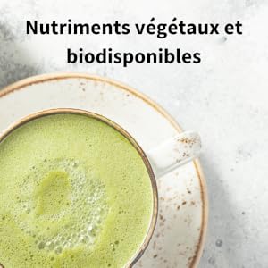 Smoothie ou boisson mousseux vert vif dans une tasse en céramique sur fond blanc, avec un texte en français sur les nutriments des plantes et