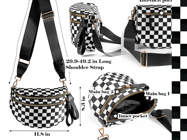 Black and White Checkered Crossbody Bag Bum Bag for Women