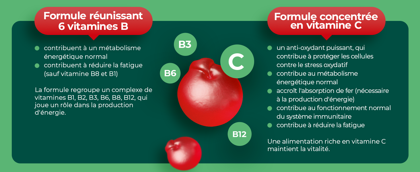 Vitamines B, Vitamines C, réduit la fatigue, énergie, vitalité