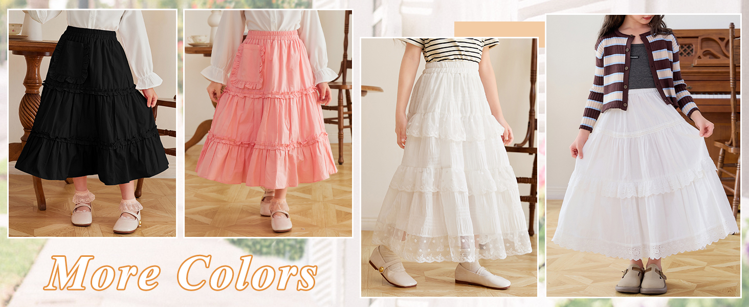 SEAUR Girls Maxi Skirt with Ruffle Tier Casual Kids Skirt with Pocket A-Line Elastic Waist Cotton Blend School Daily Casual Party Summer Wear 3-12 Years 21 SEAUR Girls Maxi Skirt