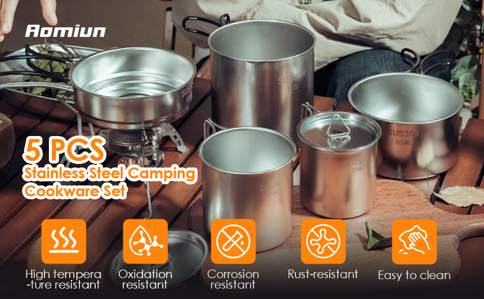 Aomiun 5PCS Stainless Steel Camping Cooking Set Cookware Mess