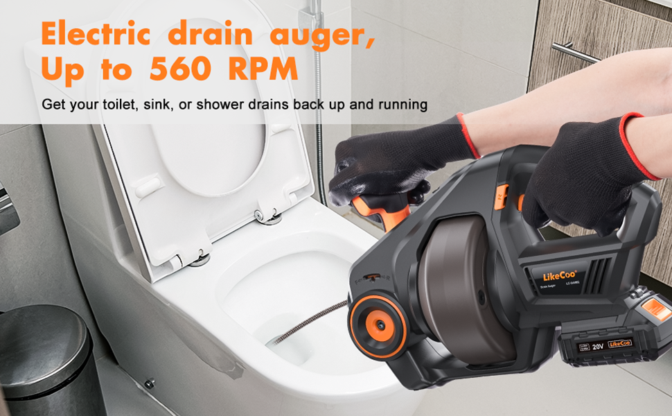 Electric Drain Snake Clog Auger LikeCoo 25FT Handheld Plumbing Drain Augers, 560 RPM Unclog 3/