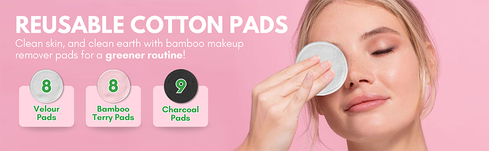 herbruikbare make-up remover pads, bamboe 8 roze velours pads, 8 witte badstof pads en 9 houtskool pads