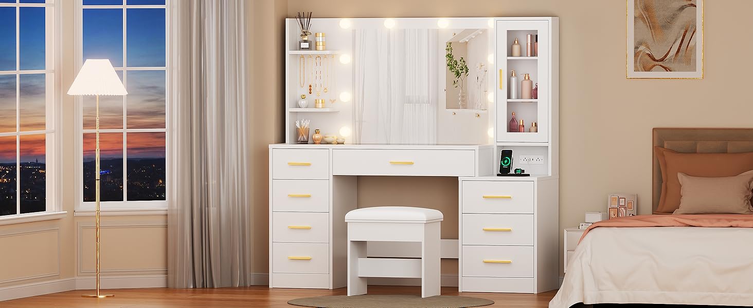 White Makeup Vanity Set with Glass Top