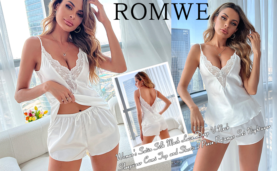 Women's Satin Silk Mesh Lace Deep V Neck Sleepwear Cami Top and Shorts 2 Piece Pajamas Set Nightwear