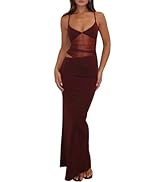 GRMLRPT Women's Sexy V Neck Spaghetti Strap Bodycon Maxi Dress Backless Mesh Cut Out Cocktail Lon...