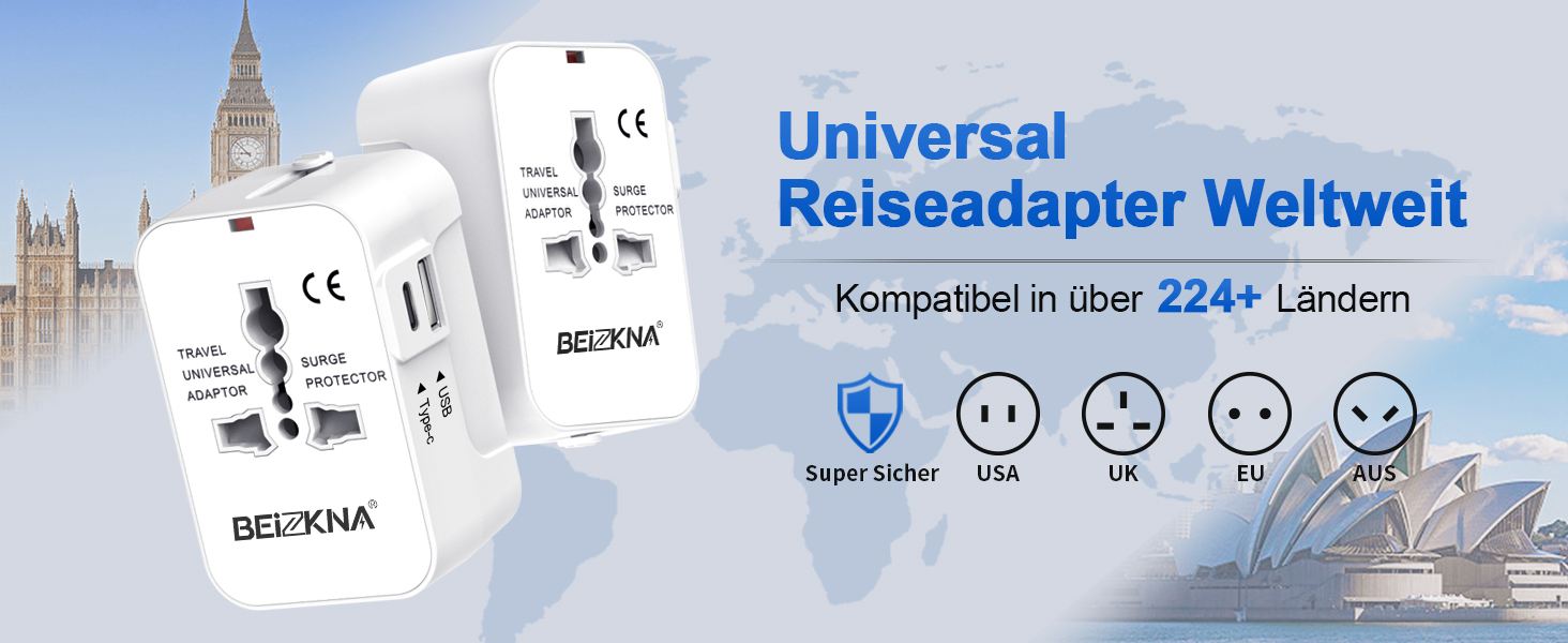 Reiseadapter Weltweit Universal Reisestecker mit USB C, Internationaler