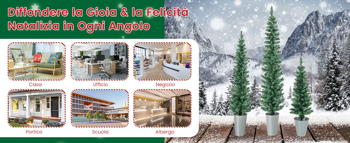 Collage di sei spazi interni decorati per Natale, con alberi, luci e decorazioni festive in vari ambienti, tra cui salotti e spazi commerciali