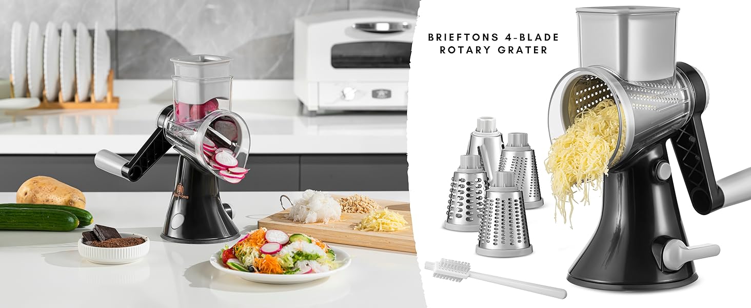 Brieftons 4-Blade Rotary Grater grates, grinds, slices your foods
