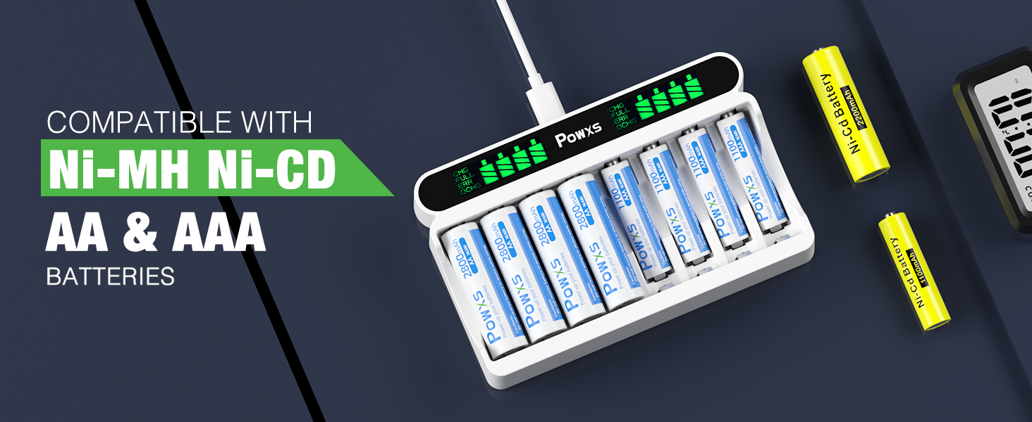 POWXS LCD 8 slot AAA AA Battery Charger,Fast Charging Function with 4 x 2800mAh Rechargeable AA