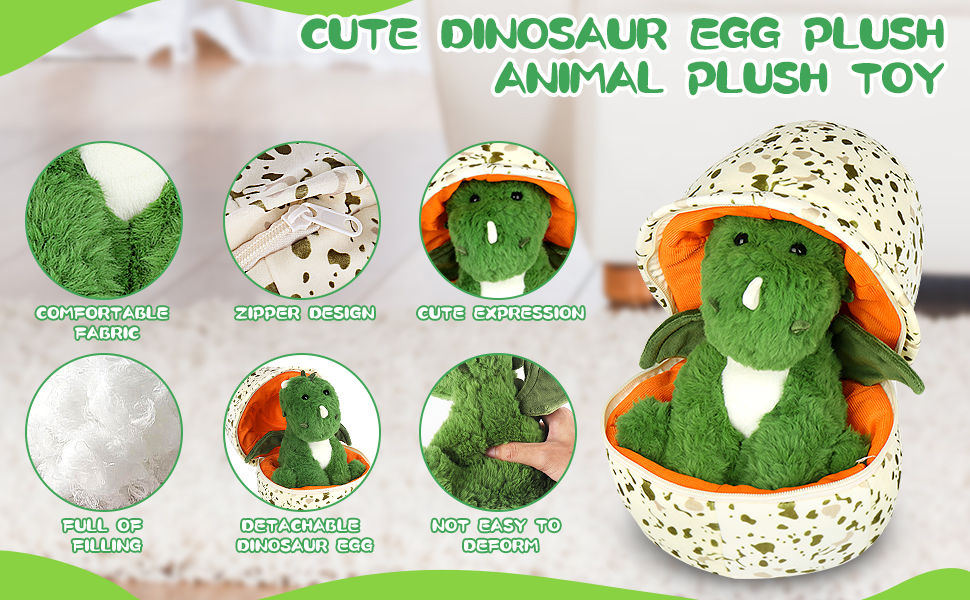 Cute dinosaur plush toy in green, emerging from a cracked egg shell. Product features include soft fabric, removable egg, and various textures.