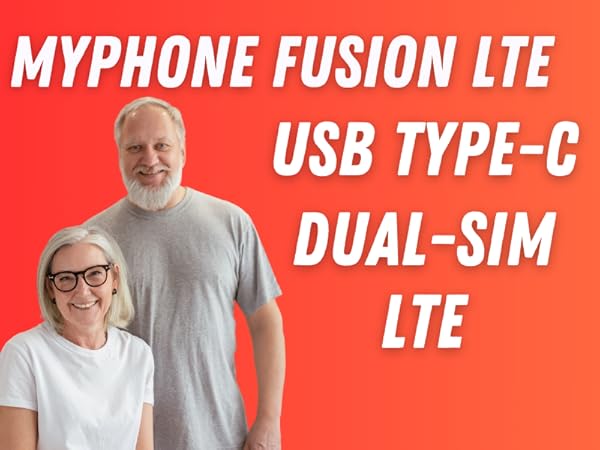 Die MyPhone Fusion LTE-Funktion bietet Telefonwerbung, auf der ein Gerät mit USB-Typ-C- und Dual-SIM-Funktionen angezeigt wird. Auf dem Bildschirm wird die Uhrzeit angezeigt