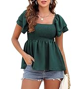 Women's Summer Peplum Tops Square Neck Ruffle Trim Short Sleeve Blouse Smocked Top Dressy Casual ...