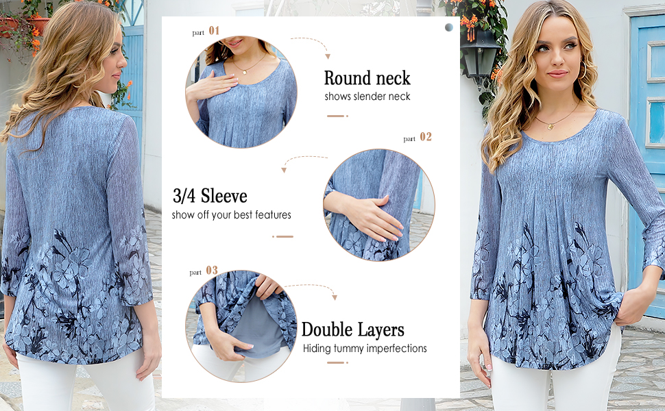 Women's Casual 3/4 Sleeve Tunic Tops Floral Double Layers Blouses Loose Fit Pleated Mesh Shirts