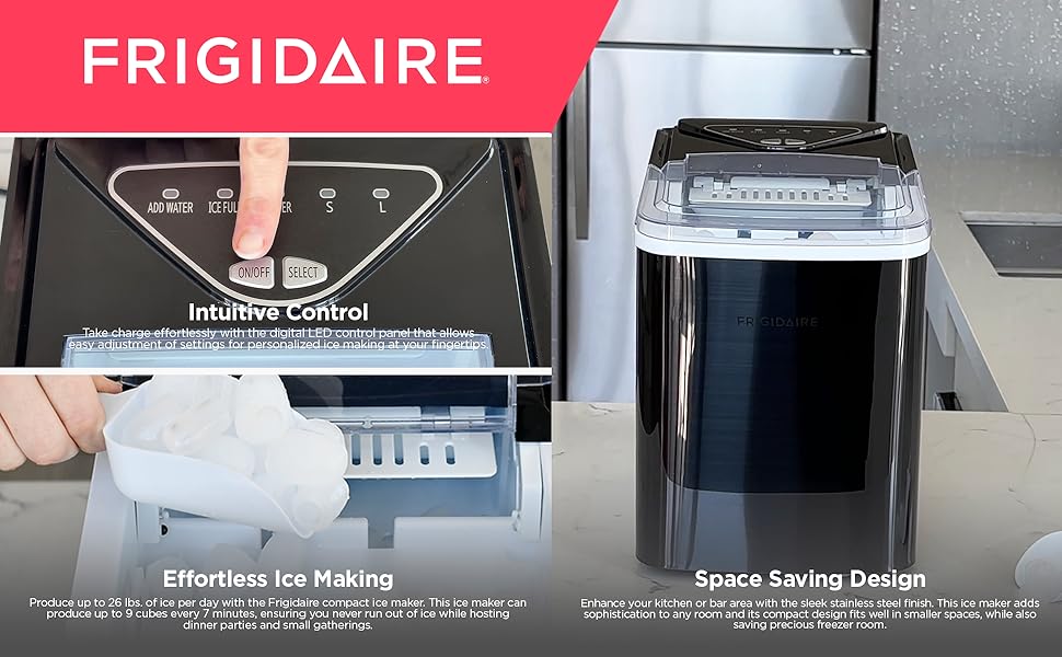Frigidaire EFIC123SSBLACK Compact Countertop Ice Maker, 26lbs of Ice