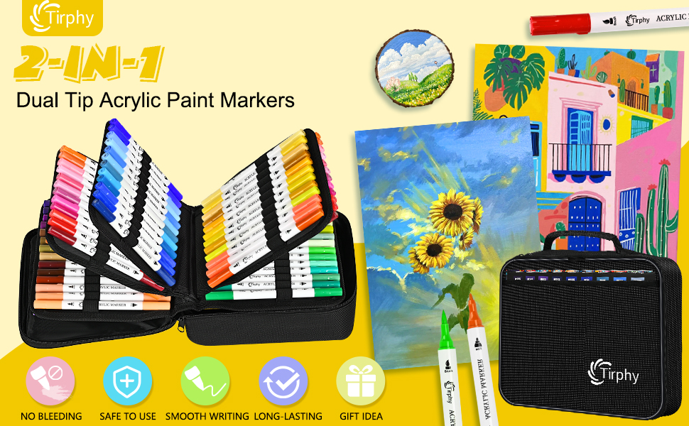 Tirphy Acrylic Paint Markers, 80 Colors ... 3 2-in-1 dual tip acrylic paint markers