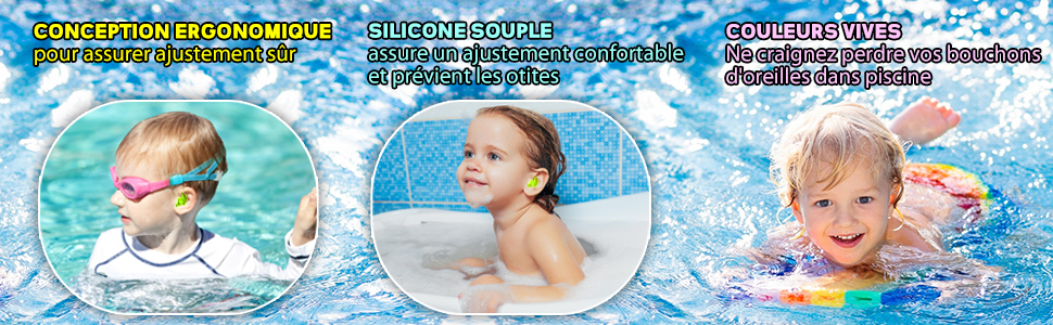 Bouchons d'oreille en silicone souple 3 couleurs vives pour la natation