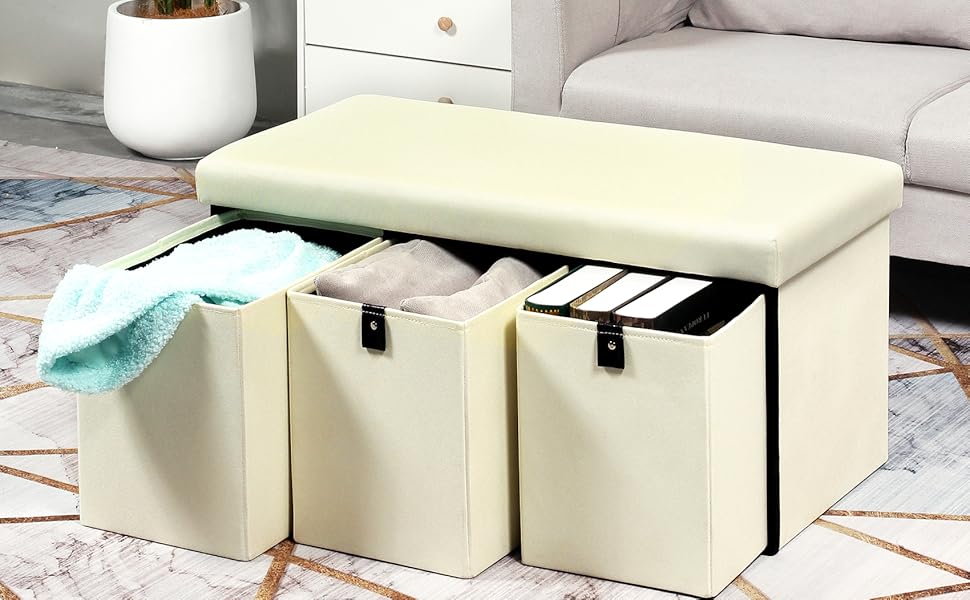 PINPLUS Storage Ottoman with Drawers, Folding Ottoman Bench Foot Rest