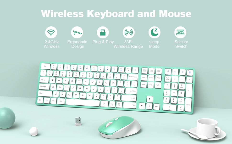 Wireless Keyboard and Mouse, Slim Keyboard with Responsive