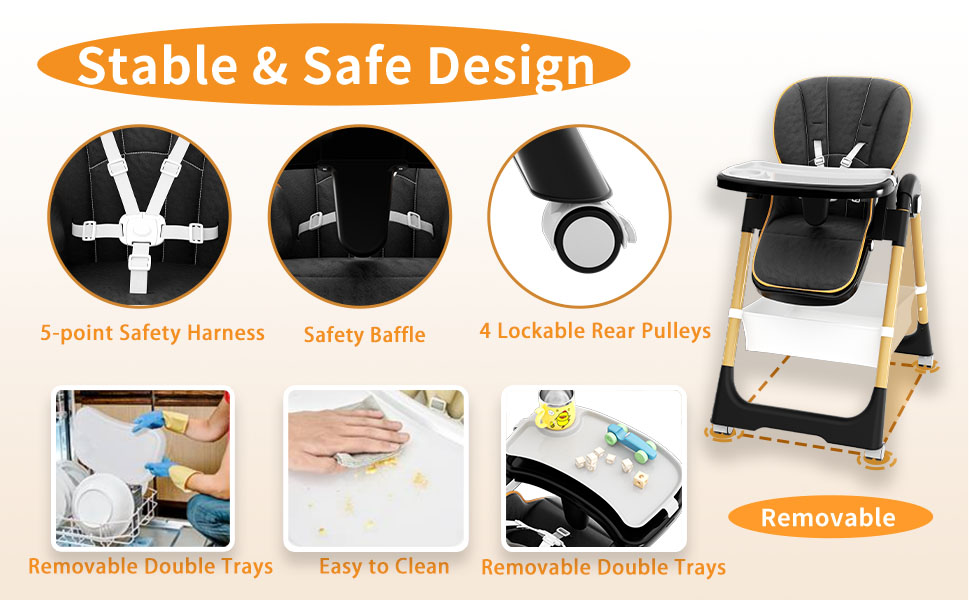 Baby High Chair, 3in1 Portable High Chair with Wheels, 8