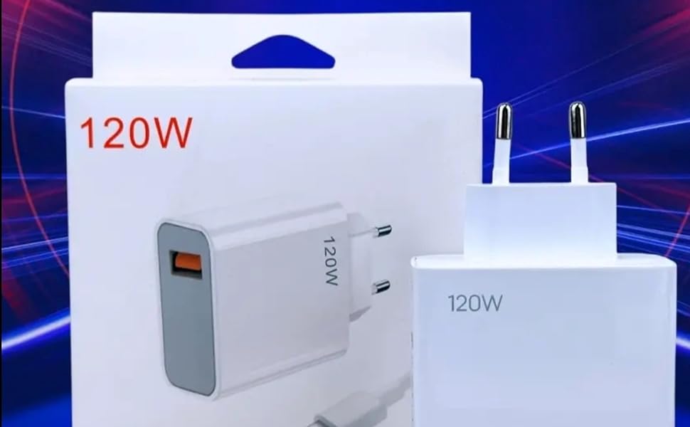 Se muestra el adaptador de cargador de pared USB blanco de 120 W con el embalaje del producto y el bloque de carga con un indicador LED de alimentación