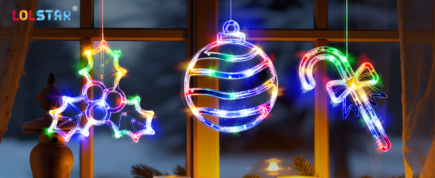 LED holiday decorations displaying illuminated holly, ornament ball, and candy cane designs in vibrant multicolored lights.