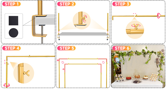 table stands for display, over the table arch stand with clamps