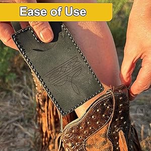 A rustic wooden table with the product displayed against a backdrop of a western landscape.