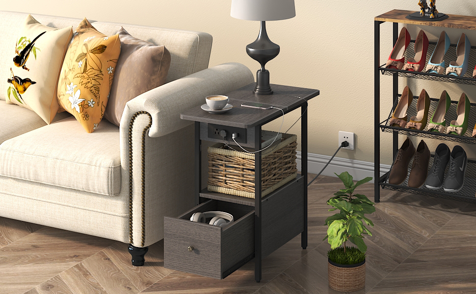 LIDYUK End Table with Charging Station, Narrow Side Table