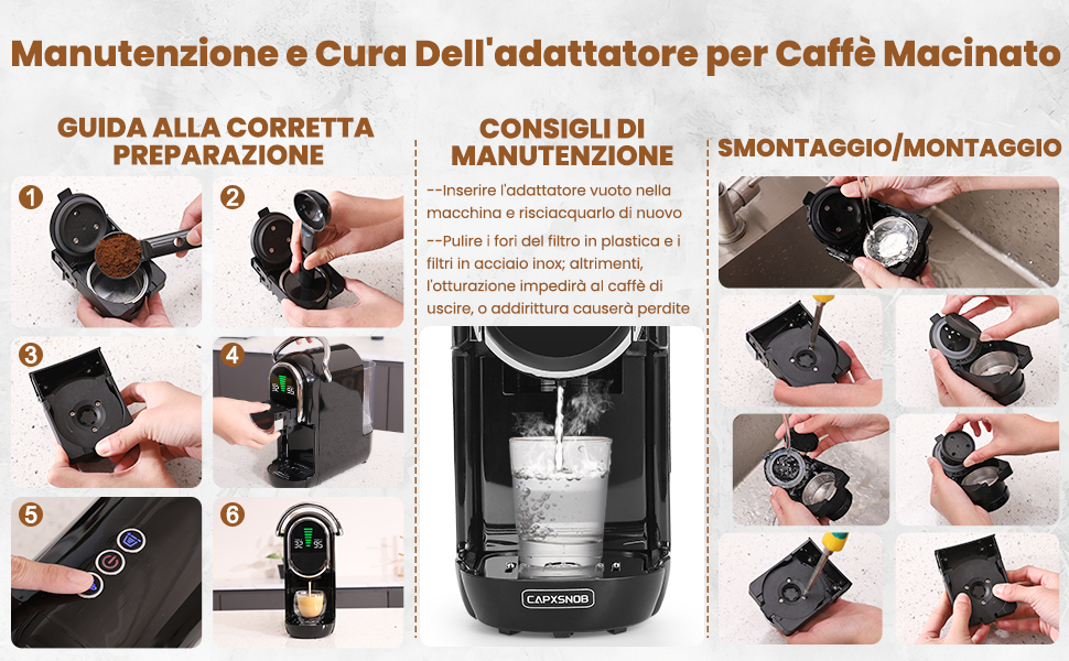 Manutenzione Facile, adattatore per caffè macinato, semplici passaggi di smontaggio e pulizia