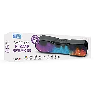 Wireless flame speaker product box. Features colorful flame-like LED display, Bluetooth connectivity, and various audio functions. Box highlights RED5 brand and key specifications.