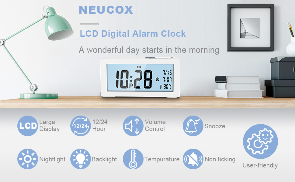 Neucox Alarm Clocks Bedside Non Ticking Battery Operated Digital Clock Large Display Temperature