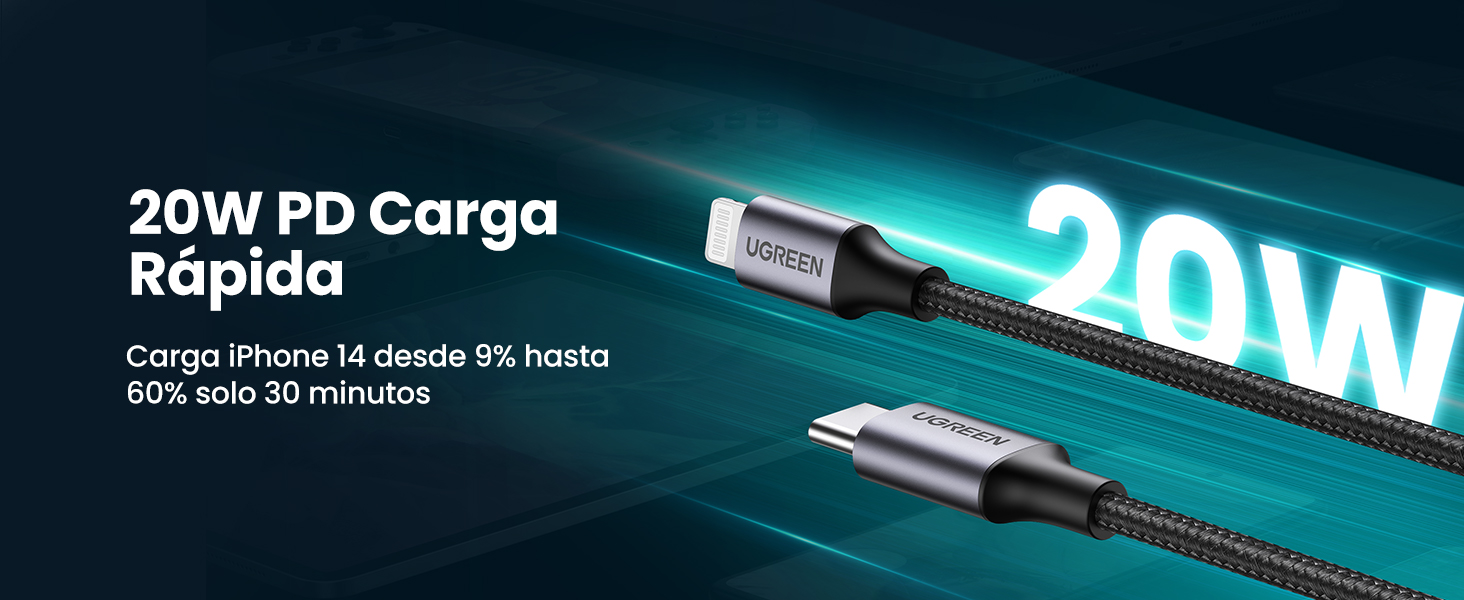 UGREEN Cable USB C a Lightning Nylon Trenzado MFi Certificado