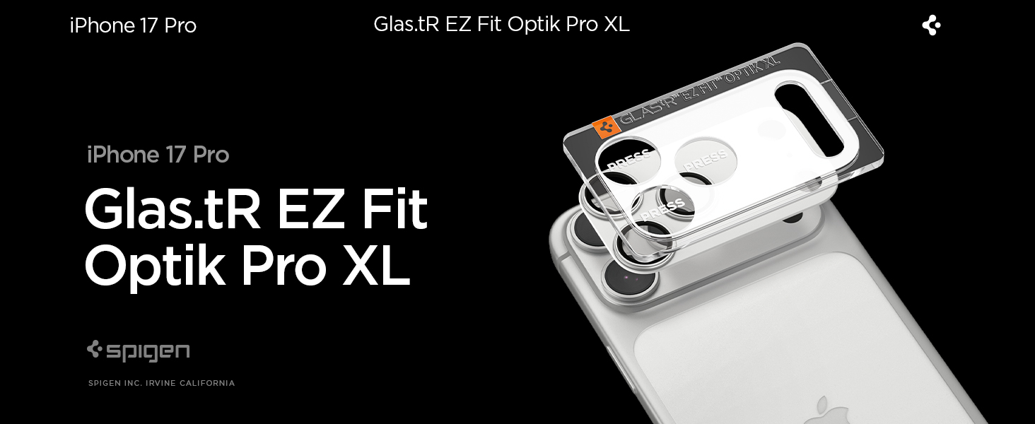 Το κείμενο εμφανίζεται "iPhone 17 Pro", "Glas.TR EZ Fit", "Optik Pro XL". Produktaufnahme der Verpackung und des Brandings der Displayschutzfolie στο Nahaufnahme.