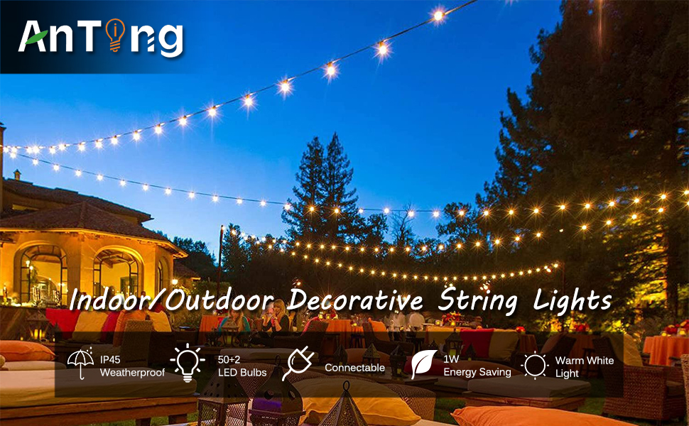 ANTING Outdoor String Lights Mains Powered 100FT/30M Festoon Lights Outdoor with 50+2 G40 LED