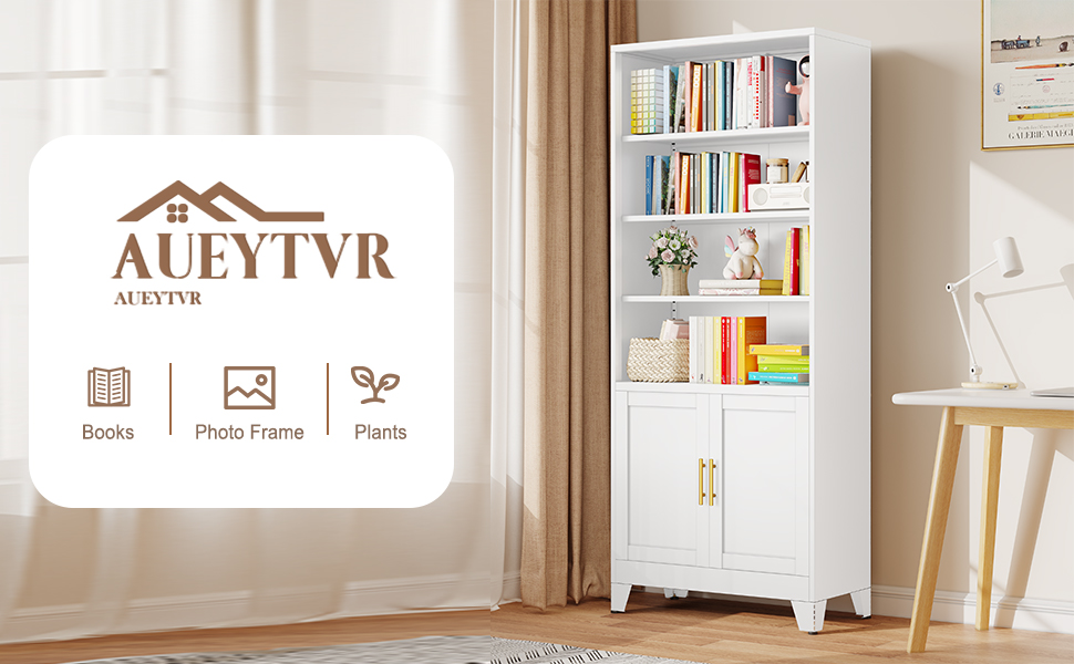 AUEYTVR Bookshelf with Doors, 75" Metal Tall Bookcase with