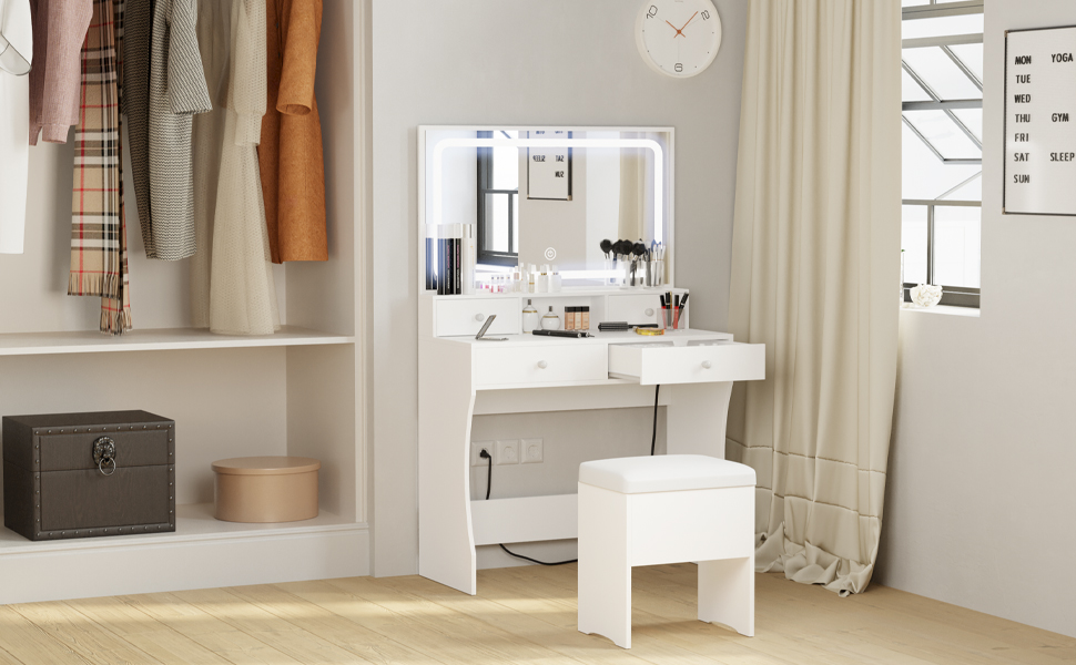 IRONCK Vanity Desk Set with LED Lighted Mirror & Power Outlet, Makeup Vanity Table