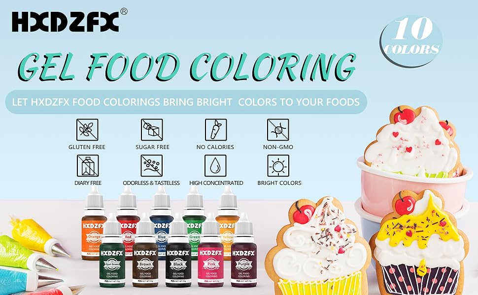 Food Colouring Gel - 10 Colours × 11g Concentrated Gel Food Colouring