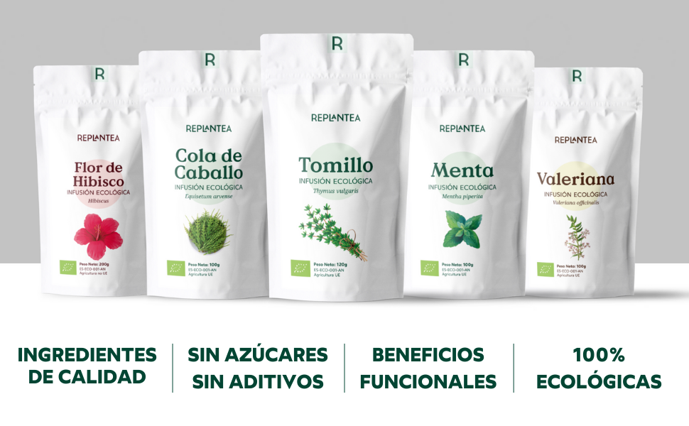Cinco bolsas blancas de tés de hierbas Repentea: Flor de Hibisco, Cola de Caballo, Tomillo, Menta y Valeriana. Etiquetado como natural, funcional y ecológico