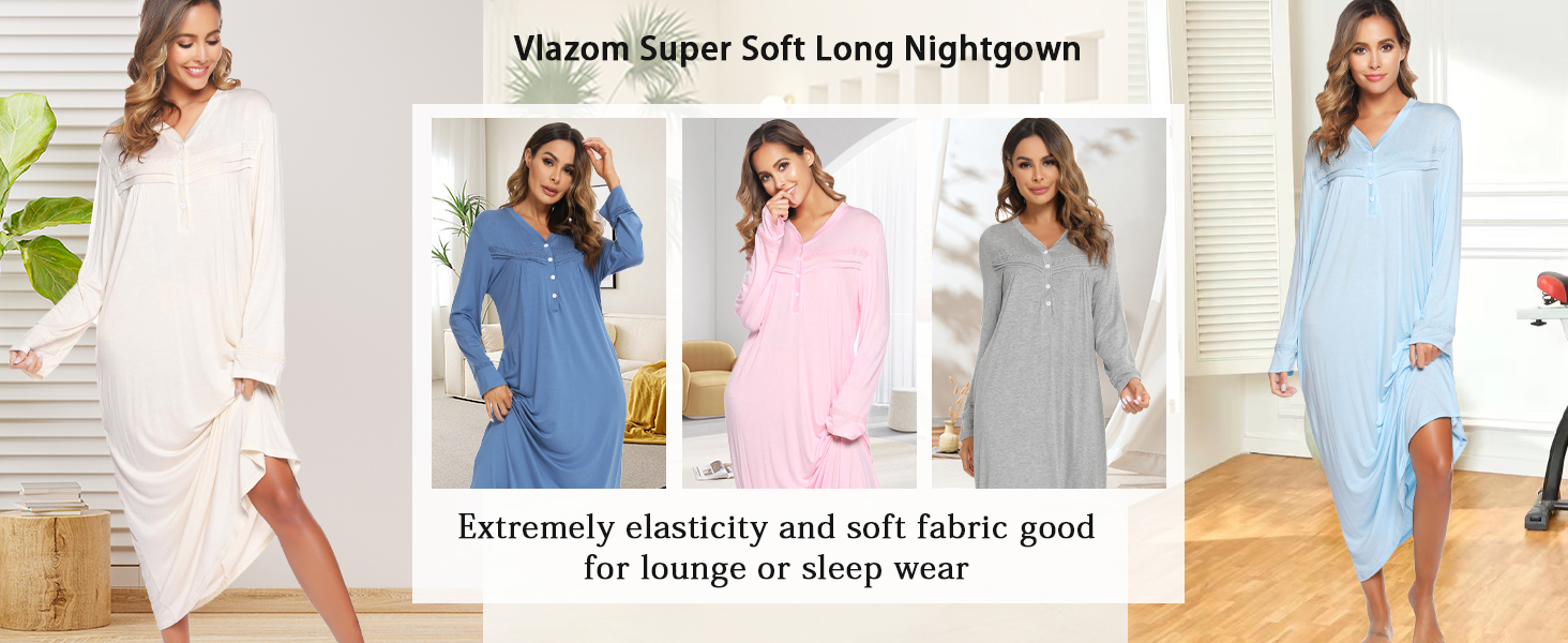 Vlazom Women's Long Nightgowns V Neck Button Down Sleep Shirt Soft Nightdress Sleepwear Loungewear S-XXL 11 nightdresses for women uk,nighties for women,night gown women