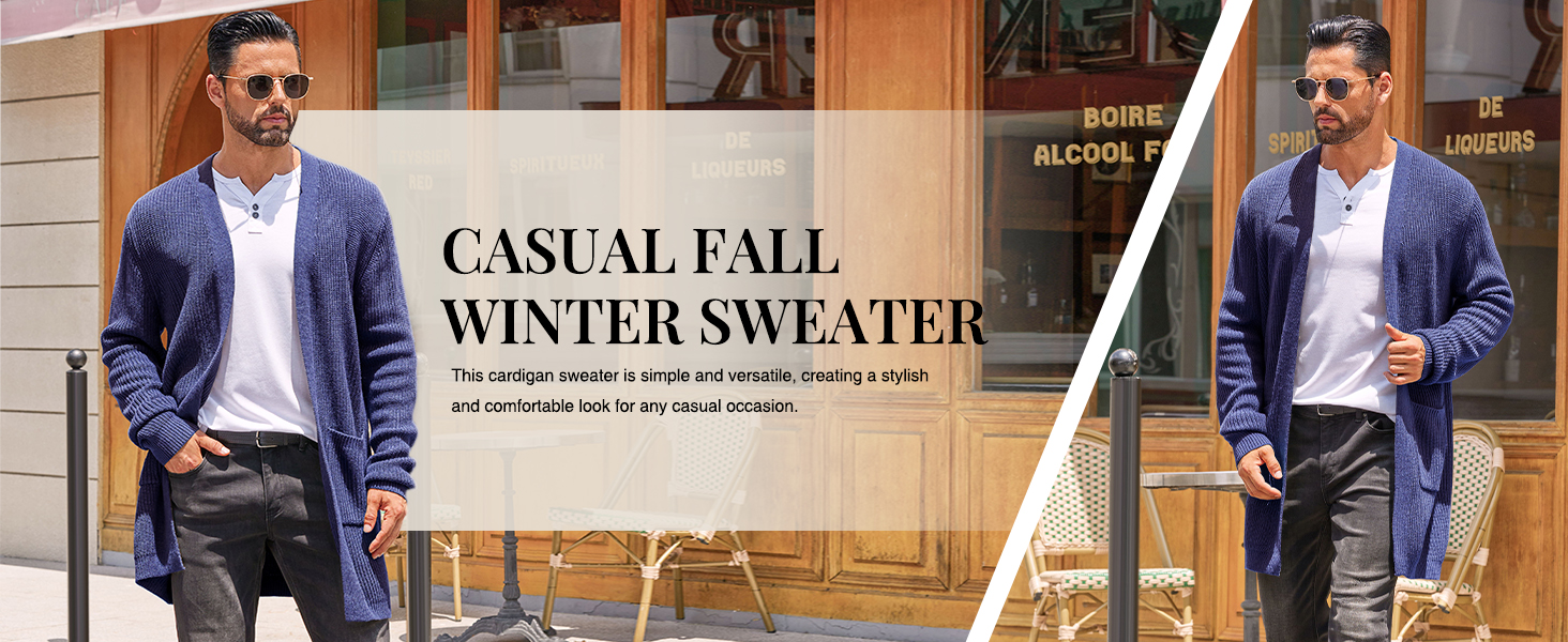 Mens Cardigan Sweater Casual V Neck Open Front Ribbed Long Winter Sweaters