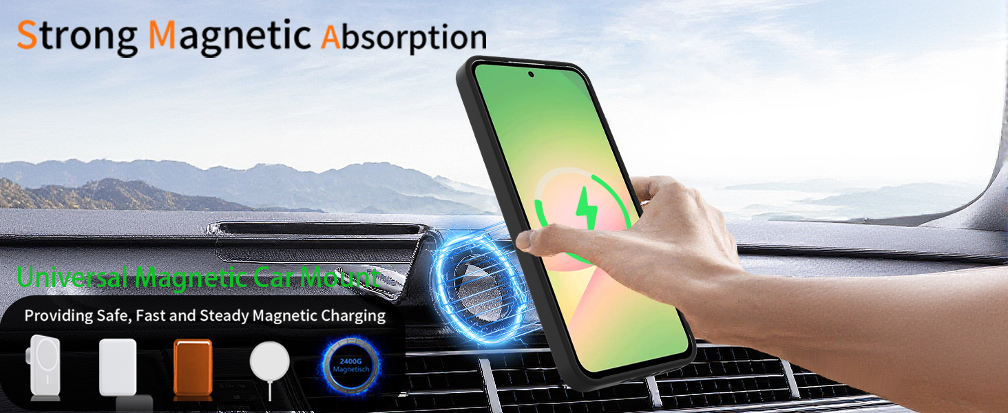 Magnetic car phone mount shown installed on vehicle air vent, displaying a smartphone with green screen. Text reads 'Strong Magnetic Absorption' with charging indicator icons below.